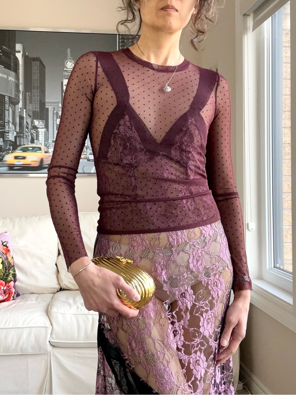 Wilfred Free burgundy mesh top with tonal polka dots